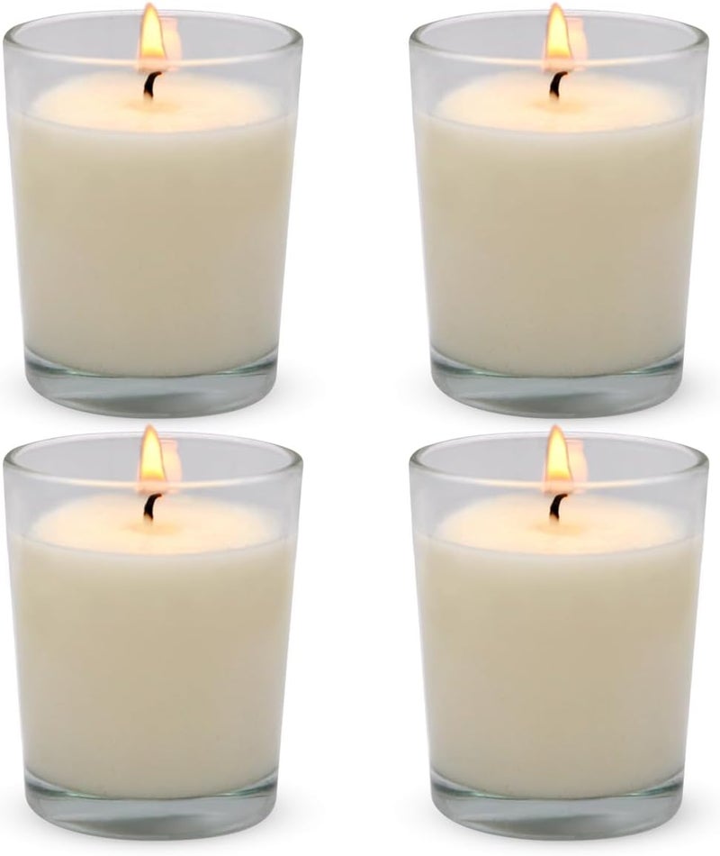 BERYSCEN Set of 4 White Votive Candles, Clear Glass Filled Unscented Soy Wax Candle for Home Décor Weddings Spa Holidays Party and DIY - Image 1